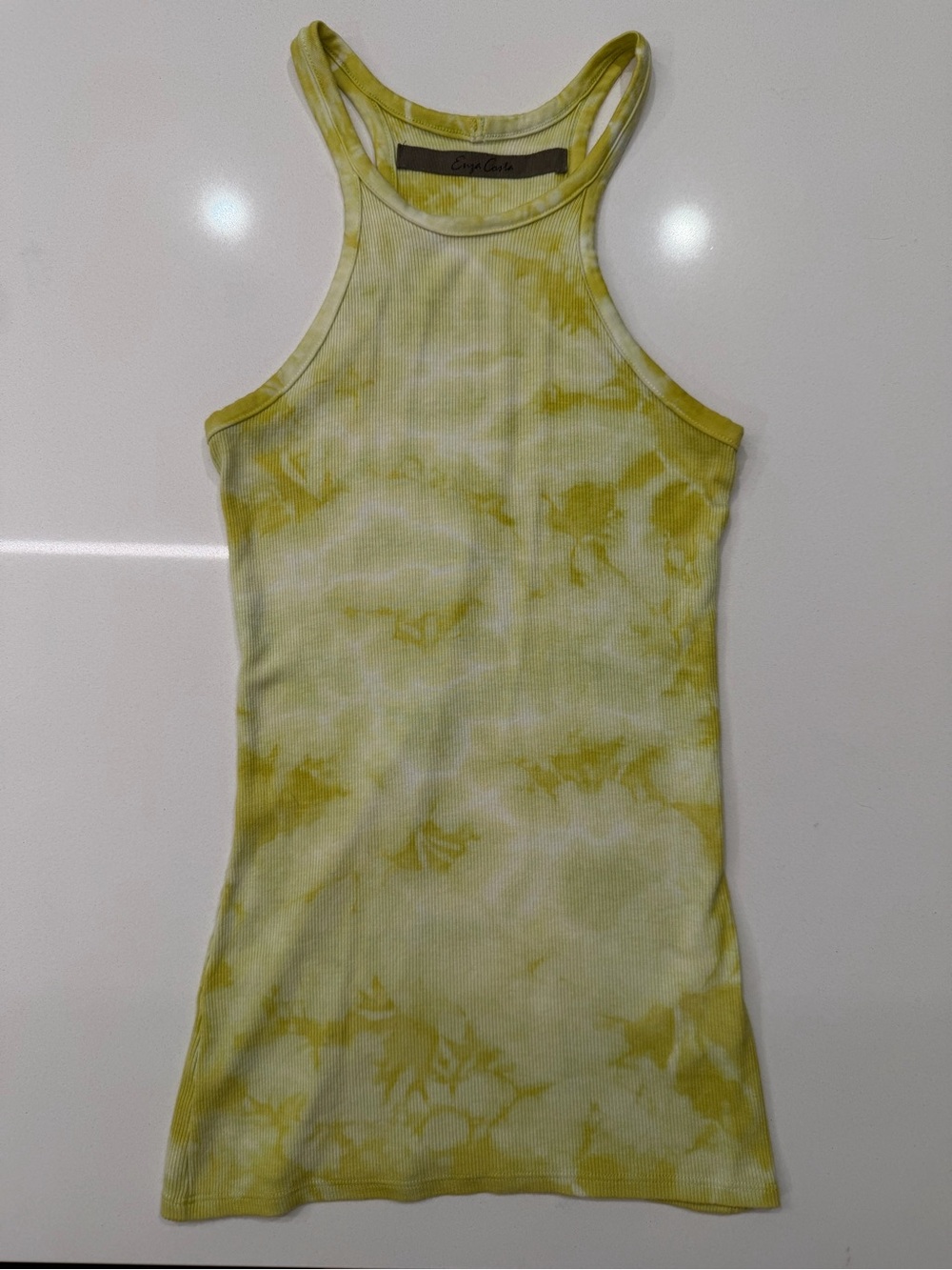 Enza Costa Yellow & White Tie-Dye Ribbed Racerback Tank Top Size XS